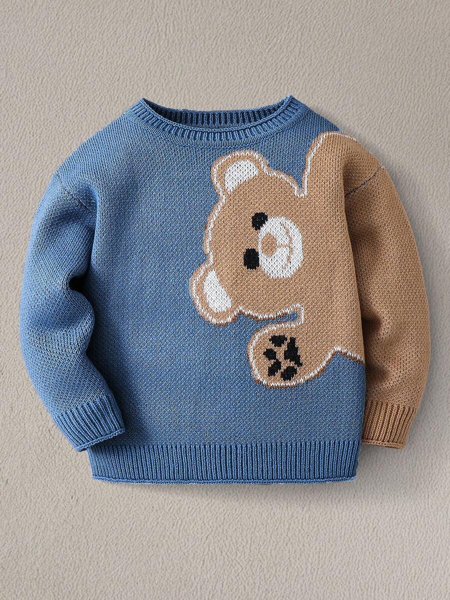 SHEIN Young Boy Cartoon Bear Round Neck Long Sleeve Casual Sweater, Autumn Fall Winter - Multicolor - View 1