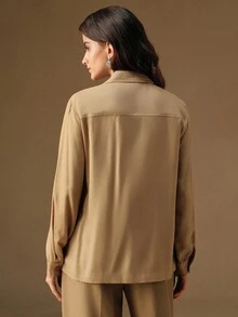 Anewsta 女式刺绣长袖衬衫 - 卡其色 - 查看 2