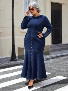 EMERY ROSE 大码休闲街头风格女式束腰长袖牛仔连衣裙 - 深色水洗藍 - 查看 5