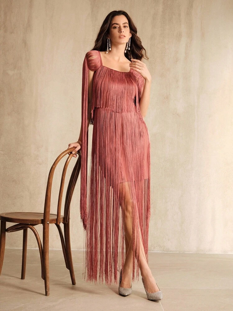 女性用エレガントな結婚式ゲストパーティードレス ローズピンク バンデージ スクエアネック 長袖 タッセル パッチワーク ショート丈、秋冬、新年会、パーティー、結婚式、エレガント、シック、スタイリッシュ、イブニングドレス