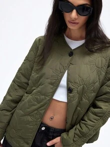 Aveloria Affinna Abrigo acolchado corto versátil y casual con diseño único de girasol en color verde oliva