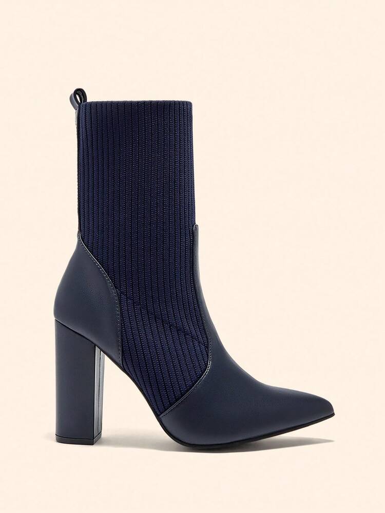 CUCCOO BASICS Women's Fashion Fabric Elastic Pointed Toe Chunky Heel Mid-Calf Boots, Suitable For Commuting, Dating, Party, Holiday For Christmas Spring Shoes