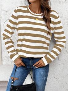 SHEIN LUNE 女式运动休闲条纹圆领休闲舒适基本款运动衫 - 棕色 - 查看 3