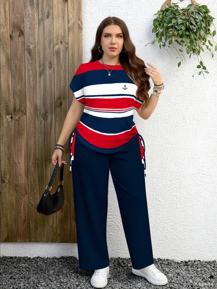 EMERY ROSE Conjunto de 2 piezas con patrón de rayas rojas y azules de estilo náutico, minimalista y casual, adecuado para la transición del verano al otoño, talla grande - Multicolor - Añade 5