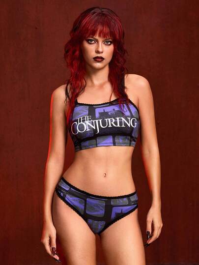 The Conjuring X ROMWE Women Horror Movie Letter Graphic Wireless Bra & Brief Set