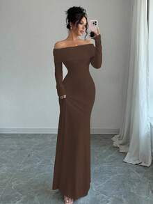 Rafferiza Đầm dệt kim co giãn dáng ôm body tay dài xoắn lưng hở gấu đuôi cá gợi cảm & thanh lịch, màu trắng dành cho nữ, trang phục maxi thu/đông dành cho nữ - Cà phê - Xem 5