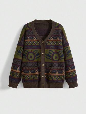 Fairycore Vintage Jacquard Strick Cardigan für Frauen, locker sitzender V-Ausschnitt Knopf Taschen Pullover Mantel, Herbst/Winter