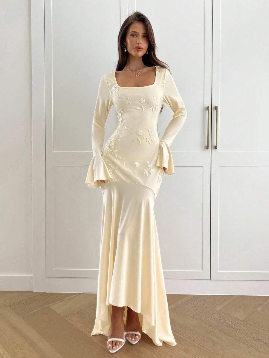 Aloruh Váy lưới thêu tay bèo nhún viền bất đối xứng thanh lịch dành cho nữ, cổ tim, dáng ôm sát, phù hợp cho các buổi hẹn hò, mùa thu/đông - Màu be - Xem 1
