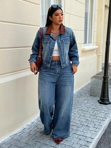 SHEIN ICON Plus Size Women Casual Street Denim Jacket, Autumn/Winter - Medium Wash - View 6