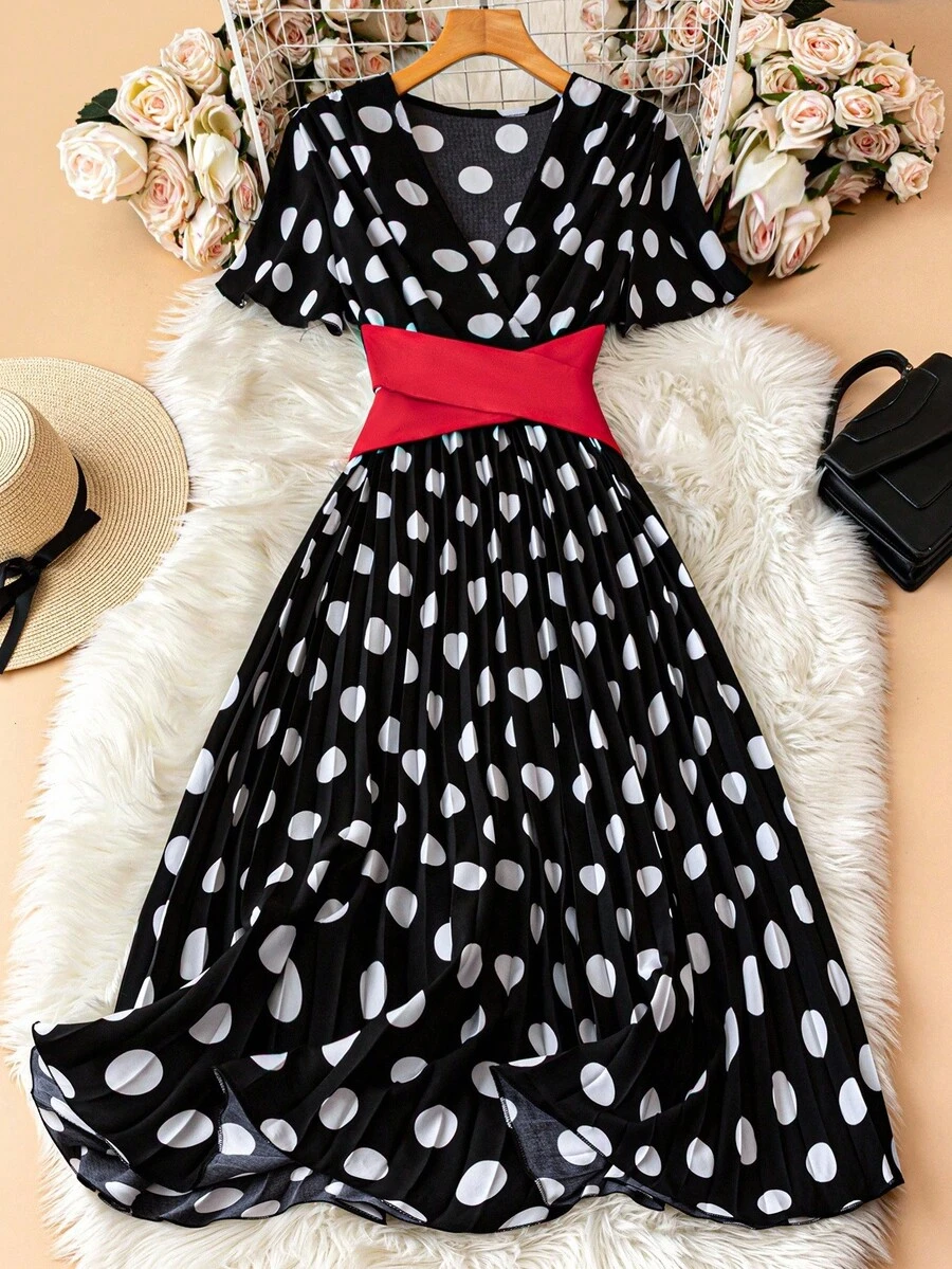 Trelyra Women Short Sleeve V-Neck Polka Dot Print Dress, Fashionable For Summer - Black - View 1
