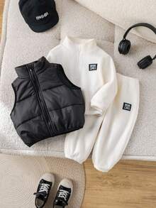 SHEIN 3件套男婴可爱百搭字母印花长袖卫衣+运动裤+保暖外套运动套装，男女宝宝秋冬服装 - 彩色 - 查看 4