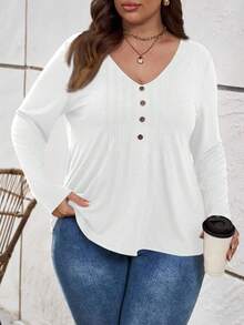 SHEIN LUNE Camiseta casual de manga larga con cuello en V y diseño de botones de unicolor para mujer de talla grande