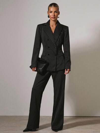 COSMINA Women's Elegant Striped Lapel NeckLong Sleeve Jacket And Pants Suit, Autumn Women Pinstripe Suit Business Clothes Women,Cozy Fall And Winter Clothes For Women