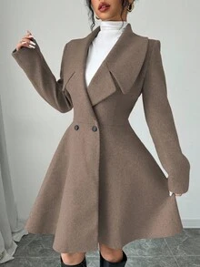 Elenzga Áo khoác ngoài tay dài màu trơn đơn giản dành cho nữ - Màu nâu Sô-cô-la - Xem 3