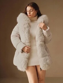 Anewsta Manteau mi-long élégant pour femmes grandes tailles, avec capuche en fausse fourrure et taille cintrée