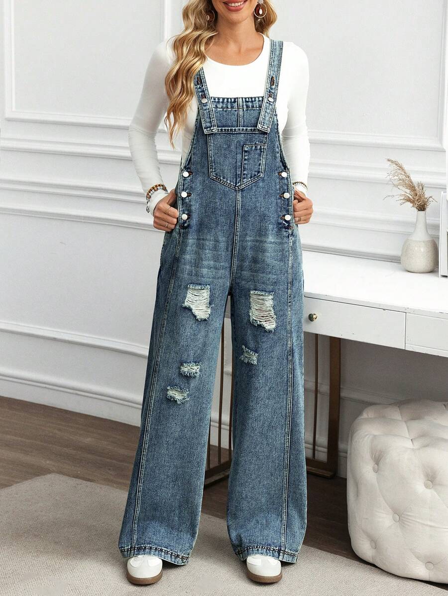 EMERY ROSE Plus Size Denim Overalls/Winter - Blue - View 1