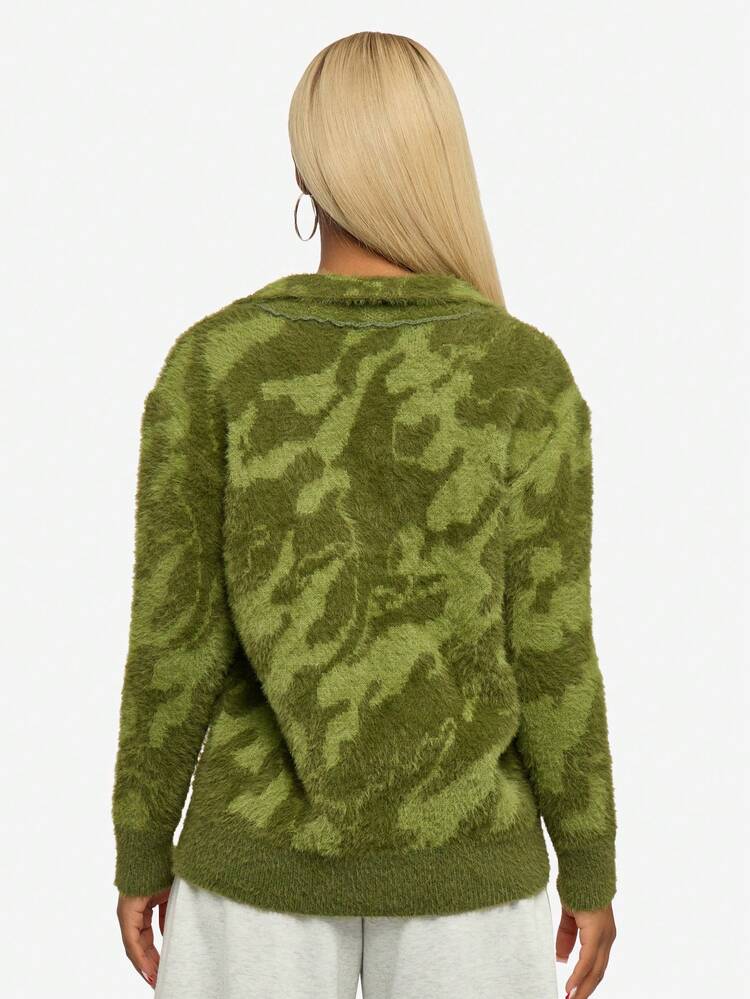 SUMWON WOMEN Fuzzy Knit Cardigan With Varsity Number Design