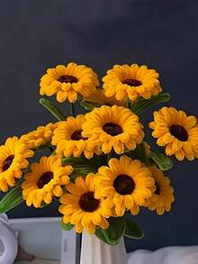 优质毛绒雪尼尔茎 - 100/150 件，用于逼真的向日葵花束和家居花卉装饰，扭曲棒用于 DIY 向日葵花束手工材料毛绒雪尼尔茎 - Yellow + Brown + Grass Green - 查看 2