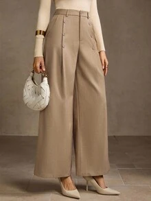 MOTF PREMIUM 女式卡其裤，独特设计，纽扣开合，高腰修身阔腿裤 - 卡其色 - 查看 6