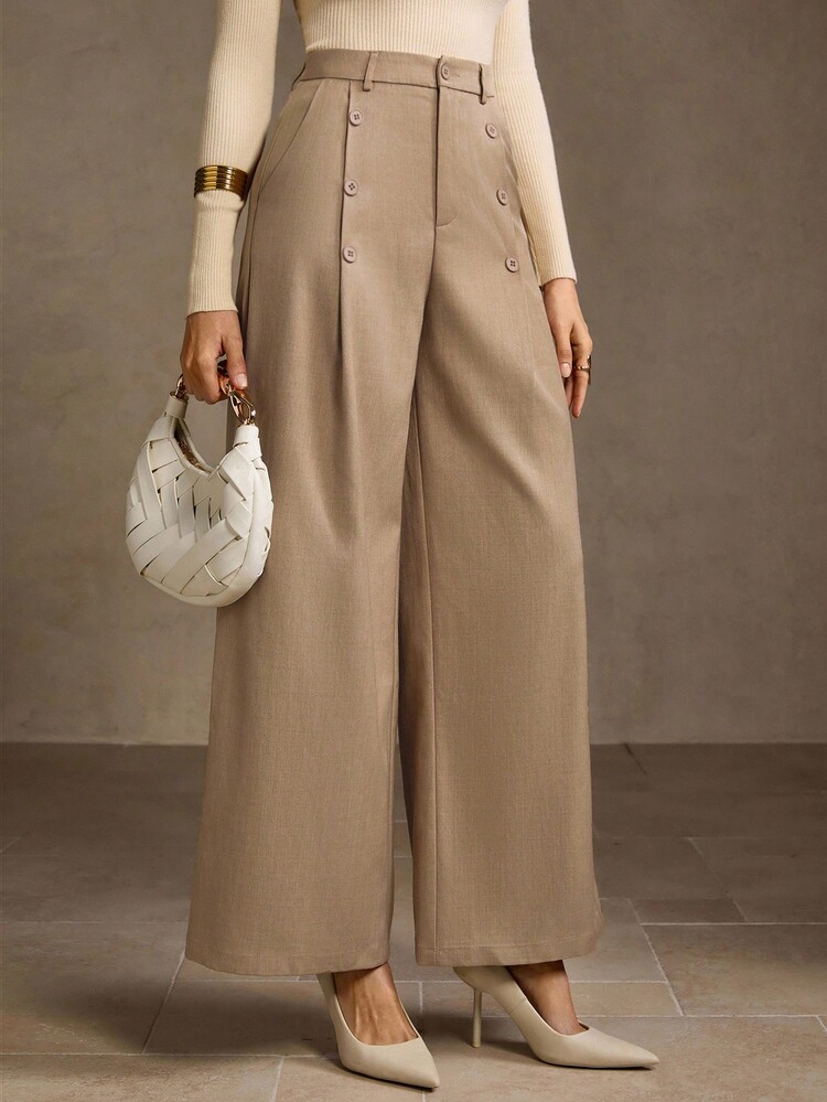 MOTF PREMIUM 女式卡其裤，独特设计，纽扣开合，高腰修身阔腿裤 - 卡其色 - 查看 6