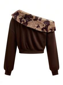 Shutterstock Y2Kool Women's Leopard Spot Print Faux Fur Oblique Shoulder Loose Long Sleeve Hoodie, Sexy Street Style Back To School, Autumn/Winter Y2K Party Coffee Brown Top Chocolate Brown Top Brown Top Women Stylish Collection New Year Off Shoulder Top Dark Brown Top - Brown - View 7