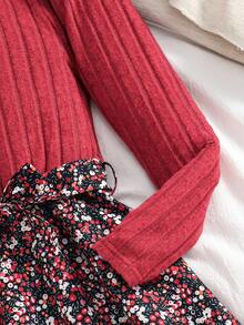 SHEIN 1 chiếc váy dài tay cổ tròn họa tiết hoa chắp vá chải kỹ cho bé gái, ngọt ngào và nữ tính, mùa thu - Đỏ - Xem 6