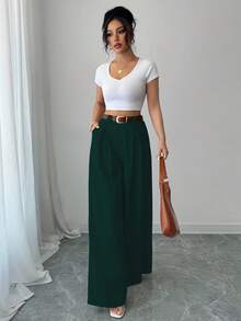 Elenzga 休闲高腰纯杏色裤裙，优雅款式适合日常穿着和工作，复古风适合毕业季、音乐节、德比、独立日 - 墨綠色 - 查看 4