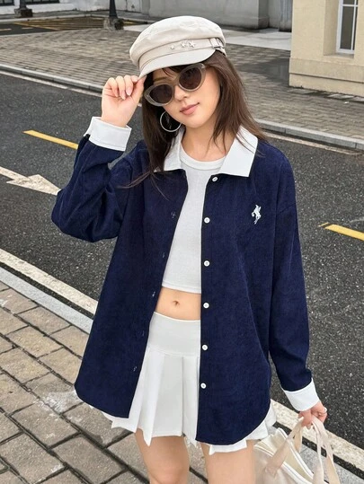 SHEIN 少女撞色前扣休闲百搭夹克