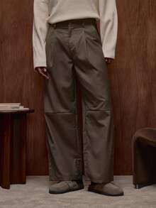 Musero 双褶高级修身长裤，纽扣门襟，腰带环设计，秋冬/春夏款 - 軍綠色 - 查看 2