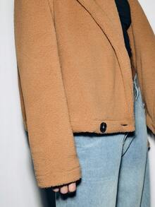 SHEIN Luminelle 厚羊毛夹克，柔软顺滑的夏尔巴面料，双排扣，秋冬 - 卡其色 - 查看 4