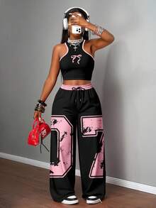 SHEIN Slayr 2 件套女士休闲街头紧身吊带背心和宽松裤套装，适合街头，数字 07 和蝴蝶结印花，适合球类运动 - 彩色 - 查看 3