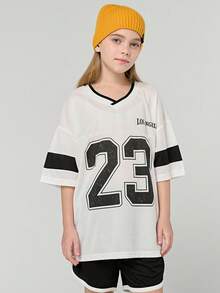 SHEIN 2 件套女童中大童女孩休闲日常户外运动风格短袖短裤套装，夏季 - 白色 - 查看 2