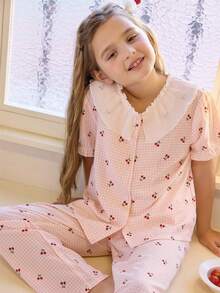甜美乡村浪漫格子樱桃印花褶皱雪纺荷叶边撞色领短袖女童睡衣 - 粉色 - 查看 1