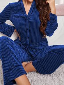 Velvet Women's Long Sleeve Top & Pants Pajama Set, Fall Winter Clothes - Royal Blue - View 6