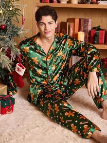 CoupledUp 绿色姜饼人印花仿丝男士情侣长袖上衣和裤子睡衣套装，秋冬服装，圣诞节礼物 - 綠色 - 查看 2