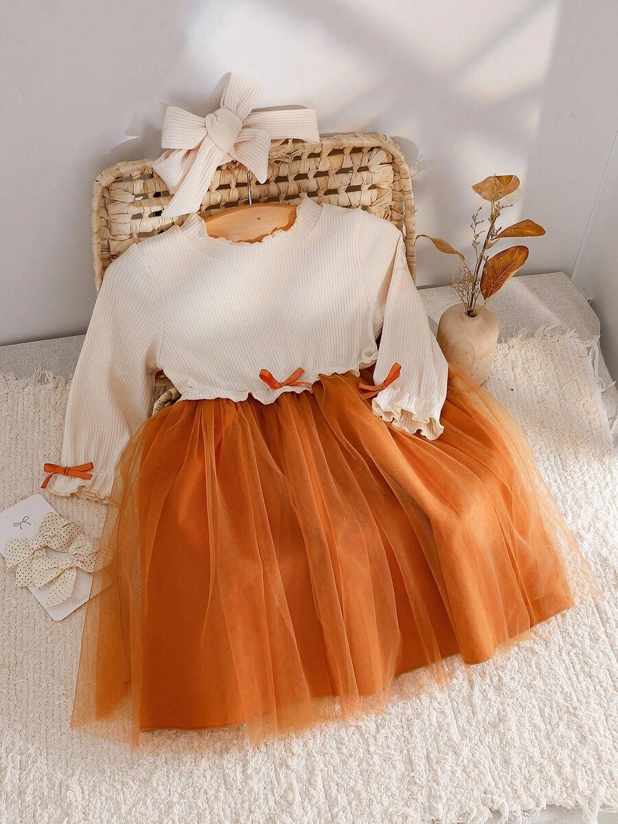 SHEIN Váy bé gái cổ tròn tay bồng có nơ eo, viền bèo nhún, phù hợp cho dịp lễ Halloween/thu - màu nâu - Xem 1