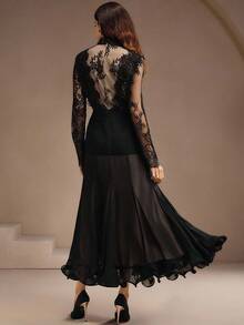 Anewsta Petite Rochie elegantă și romantică din dantelă, cu mânecă lungă, model patchwork, cu tiv evazat și volane, nouă sosire Anewsta - Negru - Vizualizare 3