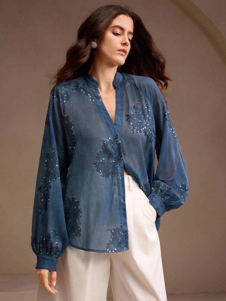 Loose Semi-Sheer V-Neck Embroidered Long Sleeve Shirt With Colorful Sequin Detailing, Elegant Office Style For Women