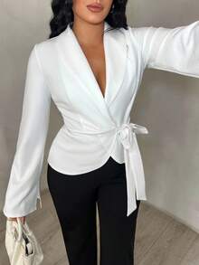 SHEIN SXY Eleganter Business-Lässig geknoteter Blazer mit Langarm, weißes elegantes Top, weißer Blazer für Damen, weißes Top mit Schleife, weiße elegante Blusen, weiße Langarm-Bluse Herbst-Winter-Kleidung für Damen - Weiss - Übersicht 3