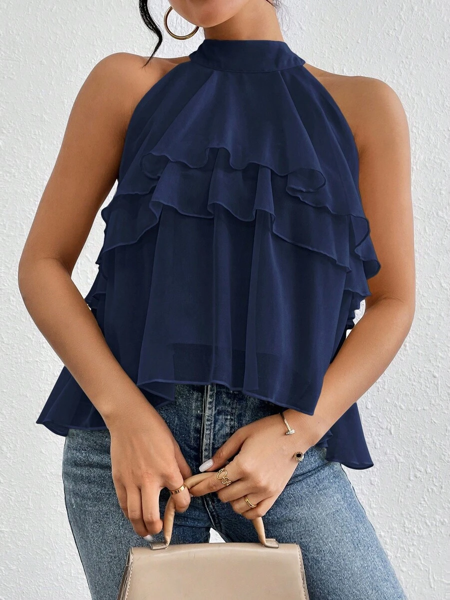 Firerie Neck Tie Loose Ruffled Asymmetrical Chiffon Blouse - Navy Blue - View 1