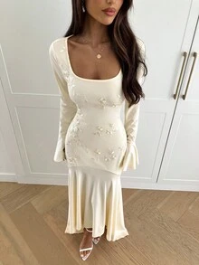 Aloruh Váy lưới thêu tay bèo nhún viền bất đối xứng thanh lịch dành cho nữ, cổ tim, dáng ôm sát, phù hợp cho các buổi hẹn hò, mùa thu/đông - Màu be - Xem 3