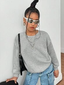 SHEIN Felpa girocollo grigia oversize a maniche lunghe per ragazze pre-adolescenti, versatile per uso quotidiano, adatta per l'autunno