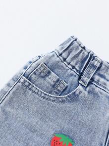 SHEIN ChillGRL 少女浅洗蓝草莓印花阔腿牛仔裤，舒适甜美休闲度假学院风推荐！舒适的浅洗蓝牛仔面料 - 淺色水洗藍 - 查看 4