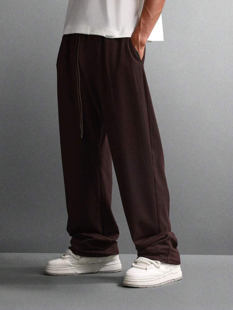 Textured Straight Fit Sweatpants With Ribbed Knit Pattern