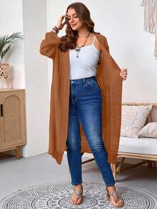 EMERY ROSE Plus Size Women Casual Loose Solid Color Jacket, Versatile For Daily Wear Winter Fall Autumn - Khaki - View 10
