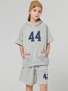 SHEIN Explorewe Tween Girls Navy Blue Letter Print Short Sleeve Hoodie T-Shirt With Loose Shorts Set,Summer Casual School Back-To-School Fashion Energetic Outfits - Grey - View 2