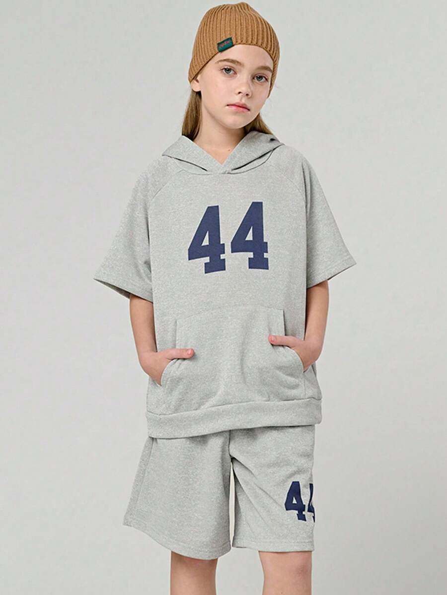 SHEIN Explorewe Tween Girls Navy Blue Letter Print Short Sleeve Hoodie T-Shirt With Loose Shorts Set,Summer Casual School Back-To-School Fashion Energetic Outfits