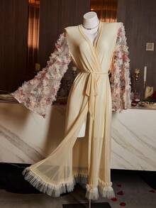 Slumberist Women's Luxury Robe: Apricot 3D Floral Fabric, Elegant Floral Print, Luxurious Oversized Sleeve With Floral Trim Hem Robe, Suitable For Wedding, Morning Robe - Apricot - View 7