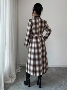 Elenzga 优雅通勤时尚百搭格子粗花呢面料，大翻领束腰单排扣长款女式大衣 - 棕色 - 查看 2