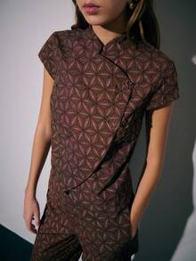 Nöista Two Pieces Coordinated Set Featuring A Short-Sleeve Top And Wide-Leg Pants With A Geometric Pattern And Detailed Chinese Buttons, Offering An Elegant Tailored Look Suitable For Women's Winter Outfits; Perfect For Polished Coordinated Styling, Refined Everyday Wear, Festive Christmas Occasions And Sophisticated New Year Events. - Brown - View 5